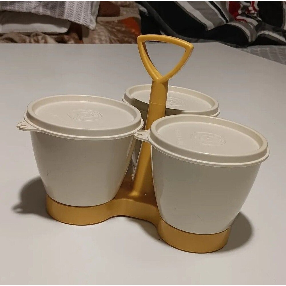 Gold & Almond Tupperware Condiment Set with Lids & Carrier No Spoons Vintage